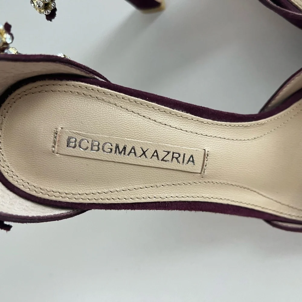 BCBGMAXAZRIA Burgundy Suede Crystal Beaded Fringe Peep Toe Heels 37.5 US 7.5